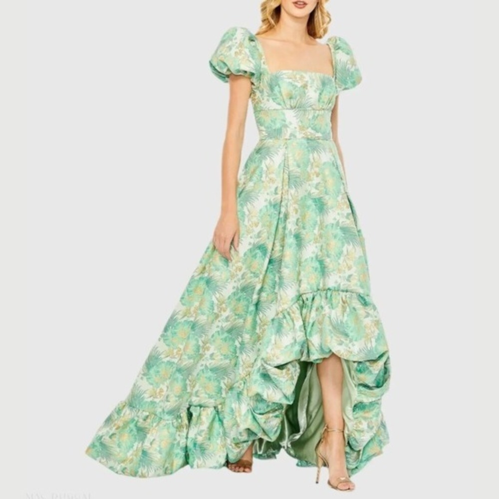 Mac Duggal Size 4 Green Gold Floral Brocade Ruffled Bubble Hem Gown Maxi Dress - Picture 3 of 6